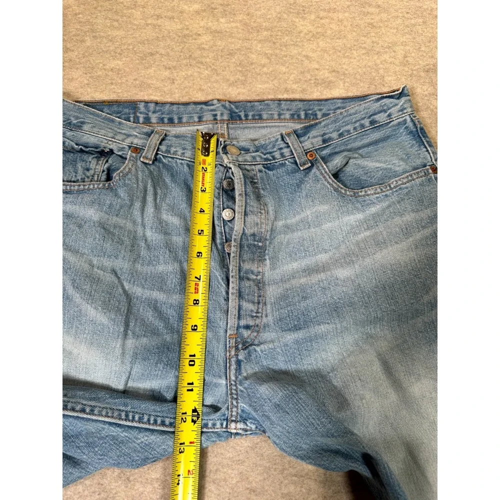 Levis 501 Original Fit Jeans Mens 38x34 Light Blue Whiskering Denim Straight Leg